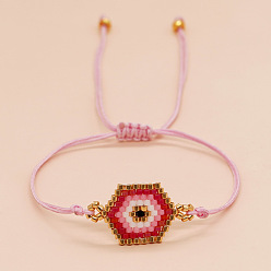 Flamingo Hexagon with Evil Eye Glass Seed Braided Bead Bracelet for Women, Flamingo, 11 inch(28cm)