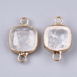 Quartz Crystal Natural Quartz Crystal Links Connectors, Rock Crystal, with Brass Findings, Square, Golden, 21x13x5~5.5mm, Hole: 2.5mm