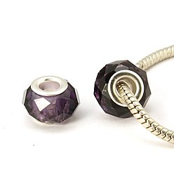 Dark Violet Handmade Glass European Beads, Large Hole Beads, Silver Color Brass Core, Dark Violet, 14x8mm, Hole: 5mm