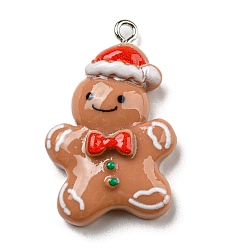 Gingerbread Man Pendentifs en résine opaque, Breloques de Noël avec boucles en fer plaqué platine, gingerbread man, 32x20x7mm, Trou: 2mm