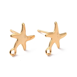 Real 24K Gold Plated 201 Stainless Steel Stud Earring Findings, with Horizontal Loop and 316 Stainless Steel Pin, Star, Real 24K Gold Plated, 11.5x8.5mm, Hole: 1.4mm, Pin: 0.7mm
