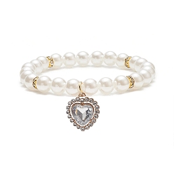 Crystal Acrylic Pearl Round Beaded Stretch Bracelet with Alloy Rhinestone Heart Charms for Women, Crystal, Inner Diameter: 2~2-1/8 inch(5~5.5cm)