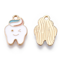 White Alloy Pendants, with Enamel, Cadmium Free & Lead Free, Light Gold, Tooth, White, 17.5x12.5x1.5mm, Hole: 1.8mm