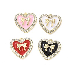 Mixed Color Alloy Enamel Pendants, with Crystal Rhinestone, Cadmium Free & Lead Free, Light Gold, Heart with Bowknot, Mixed Color, 20.5x20.5x3.5mm, Hole: 1.8mm