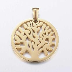 Golden 304 Stainless Steel Pendants, Flat Round with Tree of Life, Golden, 25x2mm, Hole: 3.5x5.5mm