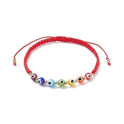 Rouge Bracelet de perles tressées rondes mauvais œil au chalumeau, bracelet réglable pour femme, rouge, diamètre intérieur: 2-1/4~3-1/2 pouce (5.8~9 cm)