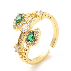 Golden Green Cubic Zirconia Teardrop Open Cuff Ring, Rack Plating Brass Jewelry for Women, Cadmium Free & Lead Free, Golden, US Size 6(16.5mm)