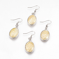 Yellow Natural Yellow Shell Dangle Earrings, with Platinum Tone Brass Findings, Oval, Yellow, 45mm, Pin: 0.7mm