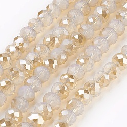 Linen Electroplate Glass Beads Strands, Opalite, Half Rainbow Plated, Faceted, Rondelle, Linen, 6x4~5mm, Hole: 0.8~1mm, about 88~92pcs/strand, 15.5 inch~16 inch