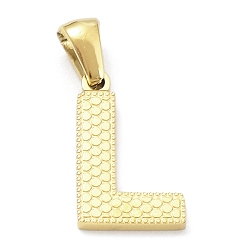 Letter L Revestimiento de iones (ip) 316l colgantes de acero inoxidable quirúrgico, real 18 k chapado en oro, encanto de la letra, textura, letra l, 17x10.5x1.6 mm, agujero: 3.5 mm