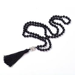 Black Agate Tassel Pendant Necklaces, with Natural Black Agate Beads, Buddha Head, 31.1 inch~33 inch(79~84cm)