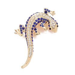 Zafiro Insignia de lagarto de diamantes de imitación, pin de solapa de aleación animal para ropa de mochila, dorado, zafiro, 56x37x6.5 mm, pin: 0.7 mm