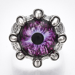 Сине-фиолетовый Регулируемые кольца из легкого стекла, широкая полоса кольца, драконий глаз, античное серебро, синий фиолетовый, Размер 8, 18 мм