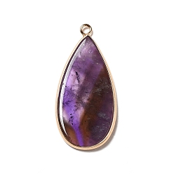 Amethyst Natural Amethyst Pendants, Teardrop Charms, with Light Gold Tone Brass Findings, 45x21~21.5x3~3.5mm, Hole: 2mm