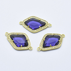 Mauve Brass Micro Pave Cubic Zirconia Links, with Glass, Faceted, Rhombus, Golden, Mauve, 33x20x5mm, Hole: 1.6mm