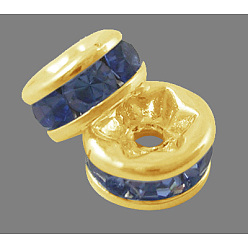 Light Sapphire Brass Grade A Rhinestone Spacer Beads, Golden Plated, Rondelle, Nickel Free, Light Sapphire, 6x3mm, Hole: 1mm