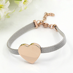 Rose Gold Fashionable 304 Stainless Steel Bracelets, with Lobster Claw Clasps, Heart, Rose Gold, 7-1/8 inch(180mm), 6mm