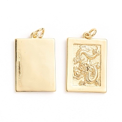 Golden Brass Pendants, with Jump Rings, Rectangle with Dragon, Golden, 22~22.5x15x2mm, Hole: 3mm