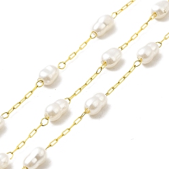 Real 18K Gold Plated Ion Plating(IP) 316 Surgical Stainless Steel Paperclip Chains, Glass Pearl Gourd Beaded Chain, Soldered, with Spool, Real 18K Gold Plated, Link: 2.5x1.5x0.3mm, Gourd: 5~6x3~3.5mm