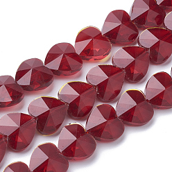 Rojo Oscuro Perlas de vidrio transparentes, facetados, corazón, de color rojo oscuro, 10x10x6.5 mm, agujero: 1 mm