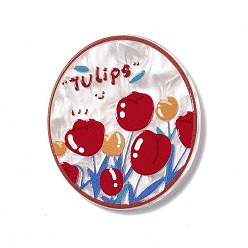 Red Flower Theme Printed Acrylic Cabochons, Red, 35x30.5x2.5mm