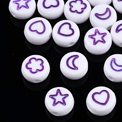 Темно-Фиолетовый Белые непрозрачные акриловые бусины, плоский круглый с сердцем, цветком, луной и звездой, темно-фиолетовый, 7x4 мм, отверстие : 1.6 мм