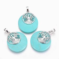 Synthetic Turquoise Synthetic Turquoise Pendants, with Platinum Tone Brass Findings, Flat Round with Tree of Life, Dyed, 32.5~33x27.5~28x5~6mm, Hole: 5x7mm