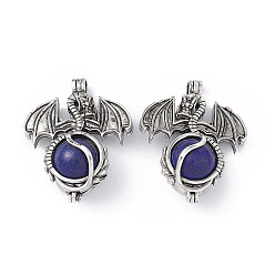 Lapis Lazuli Natural Lapis Lazuli Dyed Pendants, Dragon Charms, with Rack Plating Antique Silver Plated Brass Findings, Cadmium Free & Lead Free, 47x37x19mm, Hole: 4mm