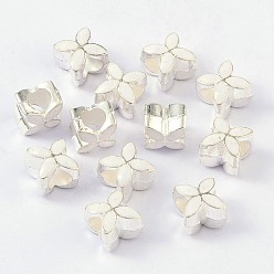 Blanc Alliage d'émail de perles européennes, Perles avec un grand trou   , fleur, couleur argent plaqué, blanc, 10x10x8mm, Trou: 5mm