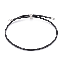 Black Adjustable PU Leather Cord Slider Bracelets, with 304 Stainless Steel Slider Beads and Cord End, Black, 10-3/8 inch(26.5cm), 2mm