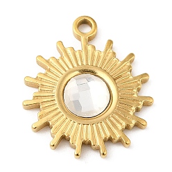 Clear Real 18K Gold Plated 304 Stainless Steel Pendants, with Glass, Sun Charms, Clear, 19x16x3.5~4.5mm, Hole: 1.6mm