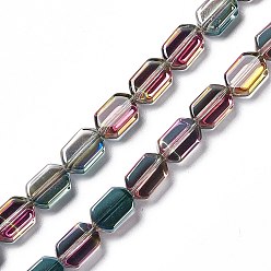 Colorful Electroplate Glass Beads Strands, Half Rainbow Plated, Rectangle, Colorful, 9.5x6~6.5x3.5mm, Hole: 1mm, about 68pcs/strand, 25.59''(65cm)