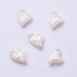 Floral White Acrylic Pendants, Imitation Pearl, Heart, Faceted, Floral White, 11x9x4mm, Hole: 0.5mm