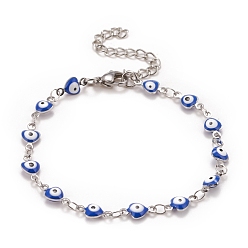 Blue Enamel Heart with Evil Eye Link Chains Bracelet, 304 Stainless Steel Jewelry for Women, Stainless Steel Color, Blue, 6-3/4 inch(17.1cm)