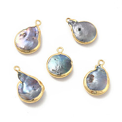 Light Gold Baroque Natural Keshi Pearl Pendants, Teardrop Charms, with Brass Loops, Blue, Light Gold, 17~22x13~14x4~5mm, Hole: 1.6~1.8mm