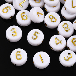 White Plating Acrylic Beads, Golden Metal Enlaced, Flat Round with Number, White, White, 7x4mm, Hole: 1.2mm, about 3400pcs/500g.
