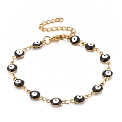 Black Enamel Oval with Evil Eye Link Chains Bracelet, Vacuum Plating 304 Stainless Steel Jewelry for Women, Golden, Black, 6-1/2 inch(16.5cm)