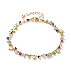 Golden Charm Anklets, with Rondelle Faceted Glass Beads, Brass Heart Beads and 304 Stainless Steel Lobster Claw Clasps, Colorful, Golden, 9-1/8 inch(23.2cm)