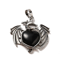 Obsidian Natural Obsidian Heart Pendants, Dragon Charms, with Rack Plating Antique Silver Plated Brass Findings, Lead Free & Cadmium Free, 33x33.5~34x7~7.5mm, Hole: 8x5mm