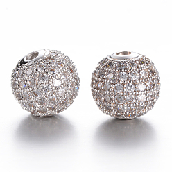 Platinum Brass Micro Pave Grade AAA Cubic Zirconia Beads, Cadmium Free & Nickel Free & Lead Free, Round, Clear, Platinum, 8mm, Hole: 1.7mm