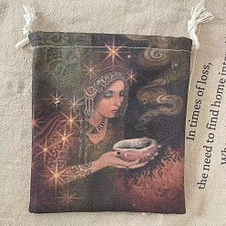 Coffee Tarot Card Storage Bag, Cloth Tarot Drawstring Bags, Rectangle with Woman Pattern, Coffee, 18x13cm