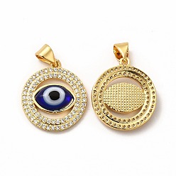 Dark Blue Rack Plating Real 18K Gold Plated Brass Micro Pave Clear Cubic Zirconia Pendants, with Handmade Lampwork, Cadmium Free & Lead Free, Long-Lasting, Flat Round with Evil Eye, Dark Blue, 20x17.5x3.5mm, Hole: 5.5x4mm