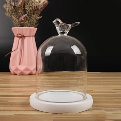 Blanc Couvercle de dôme en verre transparent en forme d'oiseau, vitrine décorative, terrarium cloche cloche avec base en bois, blanc, 90x140mm