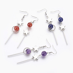 Mixed Stone Natural Gemstone Dangle Earrings, with Alloy Star Beads and 304 Stainless Steel Findings, 84~88mm, Pendant: 64~68mm, Pin: 0.6mm