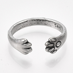 Antique Silver Alloy Cuff Finger Rings, Paw Print, Antique Silver, Size 8, 18mm