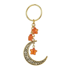Orange Porte-clés pendentif lune creuse en alliage de style tibétain, avec breloque étoile en acrylique et porte-clés fendus en fer, orange, 9.2 cm