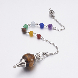 Tiger Eye Natural Tiger Eye Sphere Dowsing Pendulums, with Mixed Stone and Brass Findings, Chakra, Round, Platinum, 240~245mm