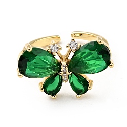 Green Cubic Zirconia Butterfly Open Cuff Ring, Real 18K Gold Plated Brass Jewelry for Women, Cadmium Free & Lead Free, Green, US Size 5 1/2(16.1mm)