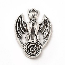 Antique Silver Tibetan Style Alloy Pendant Rhinestone Settings, Cat with Wing, Antique Silver, Fit for 1.5mm Rhinestone, 26.5x19x3mm, Hole: 0.7mm