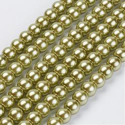 Olive Drab Eco-Friendly Glass Pearl Beads Strands, Grade A, Round, Dyed, Cotton Cord Threaded, Olive Drab, 10mm, Hole: 1.2~1.5mm, about 42pcs/strand, 15.7 inch